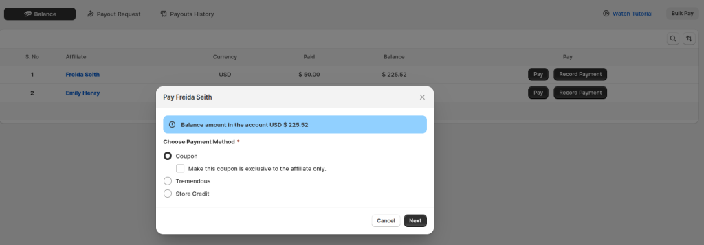Automated affiliate payout
