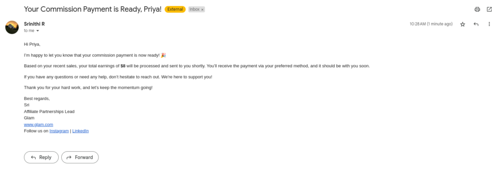 Commission Payment email