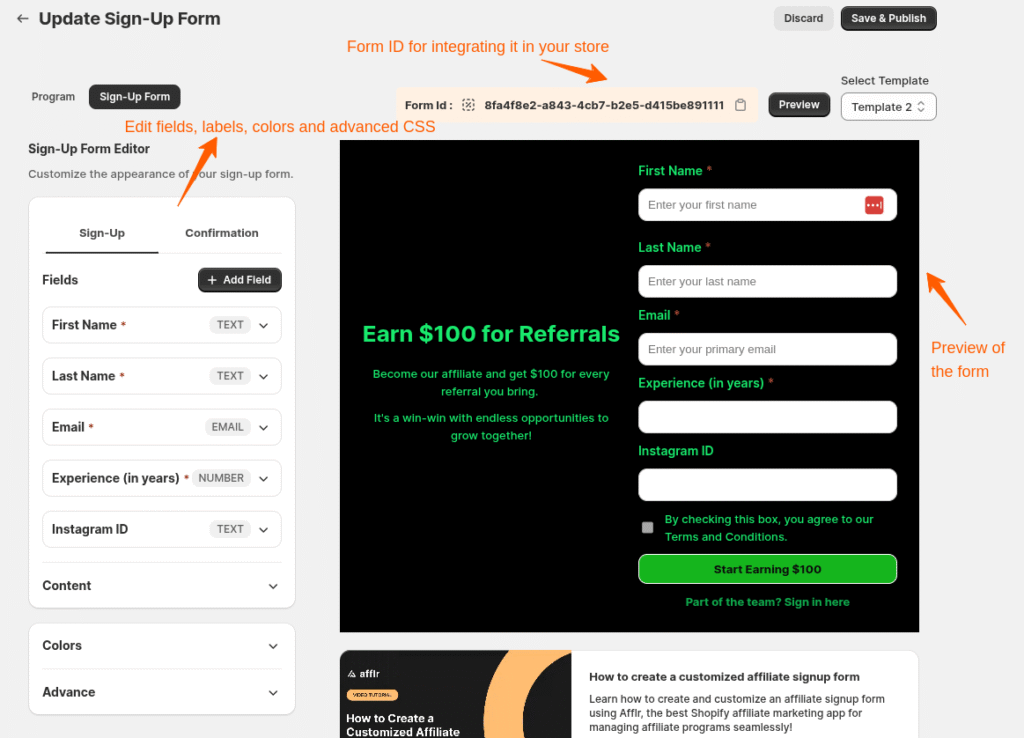 Customize Affiliate Form