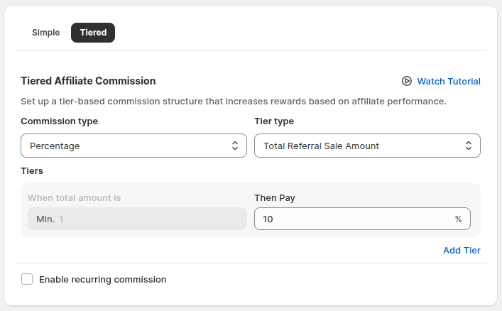 Set affiliate commission for the Shopify store