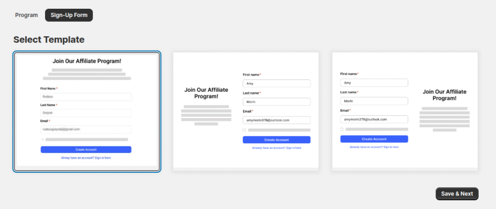 Templates of affiliate signup forms