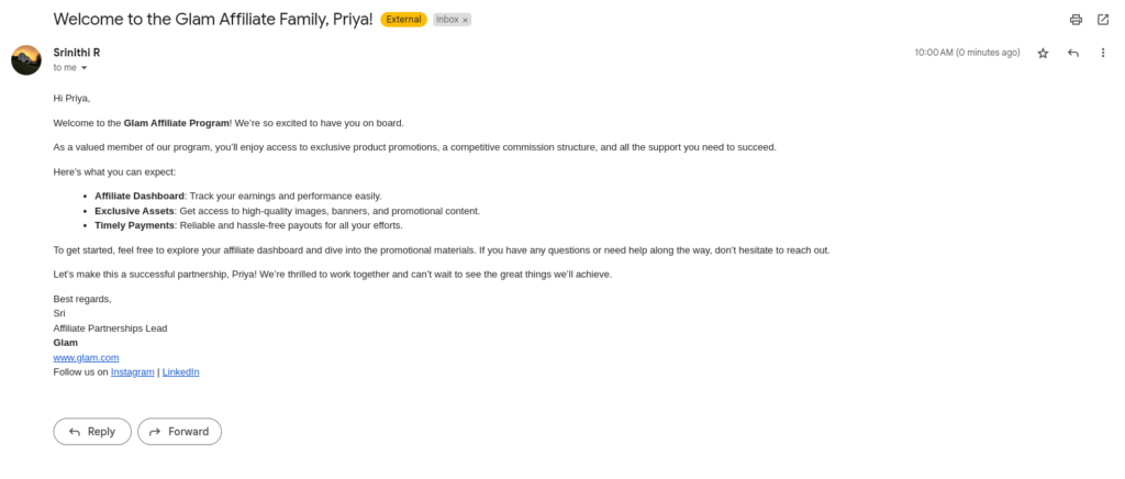 Welcome email for Affiliates