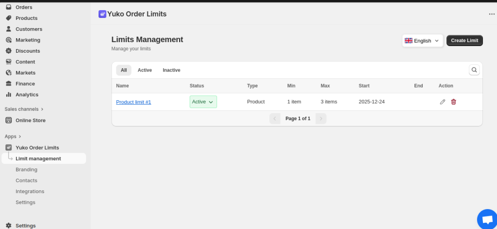 Order limit configuration
