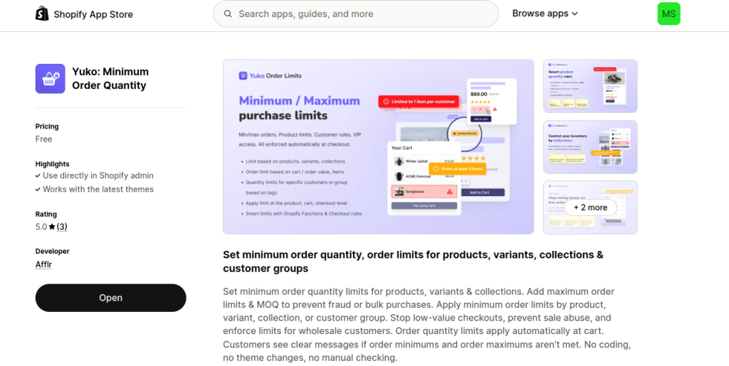 Yuko order limits in shopify store