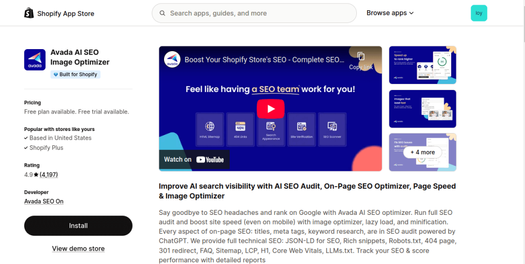 Avada seo suite shopify app store page