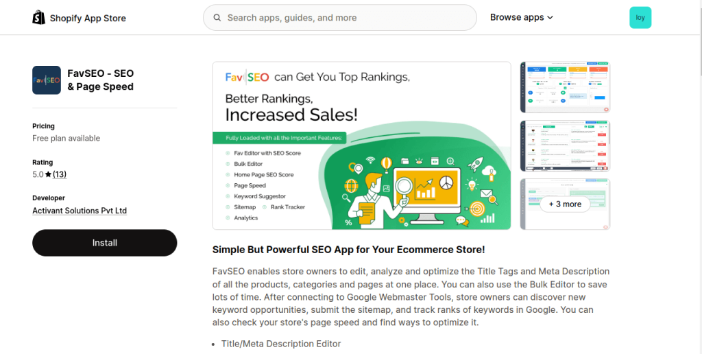 Favseo shopify app store page