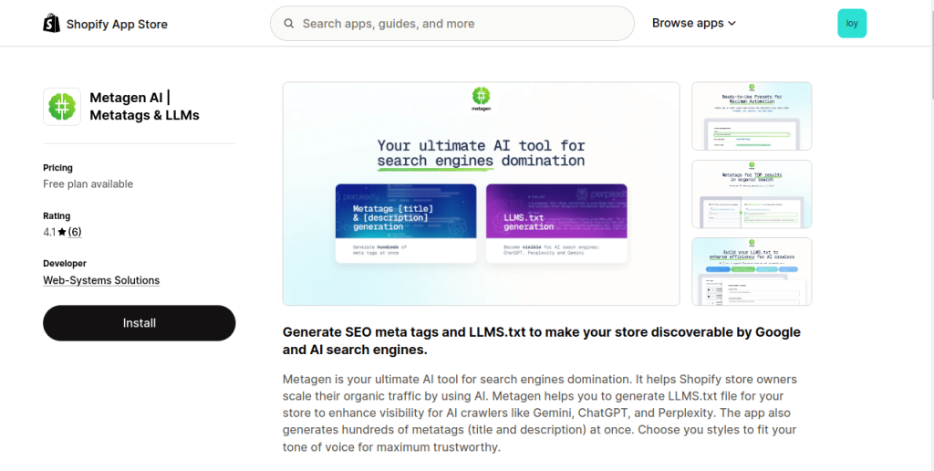 Metagen ai shopify app store page