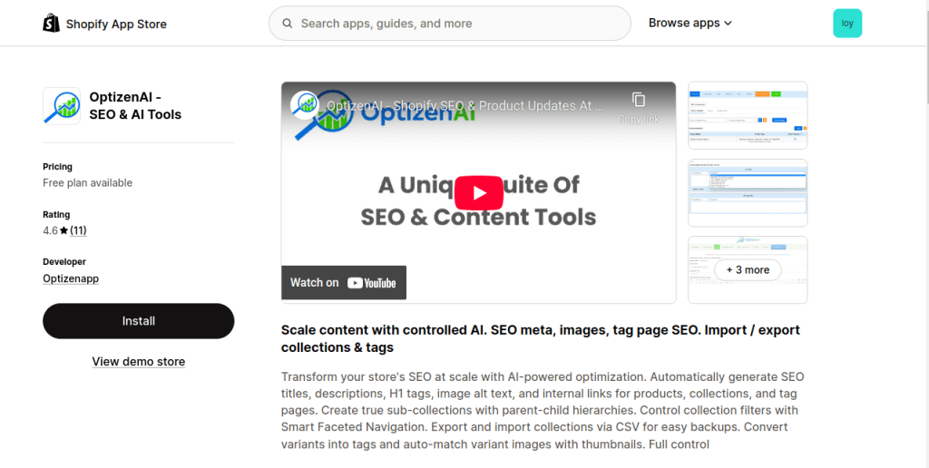 Optizenai shopify app store page