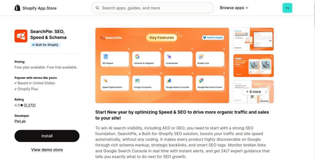 Searchpie shopify app store page