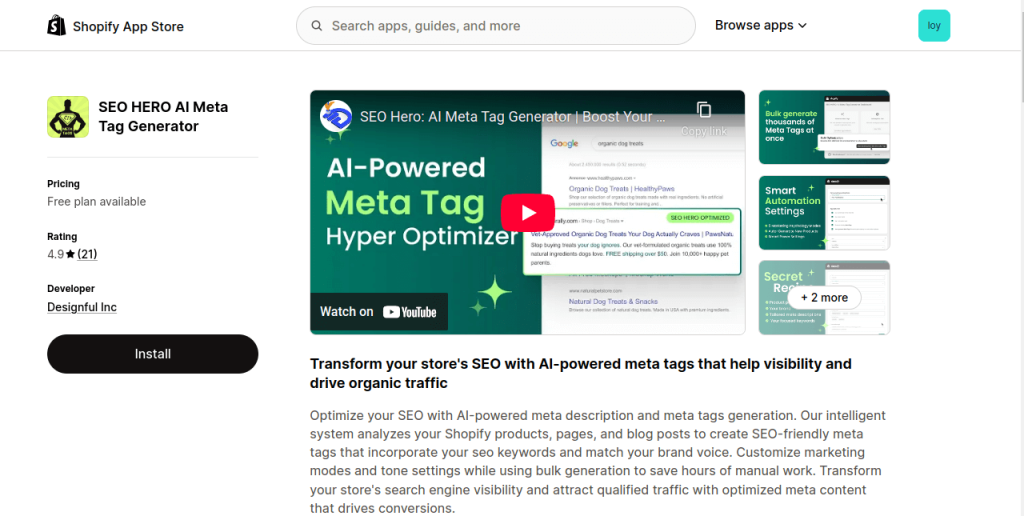 Seo hero ai meta tag shopify app store page