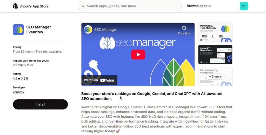 Seo manager shopify app store page