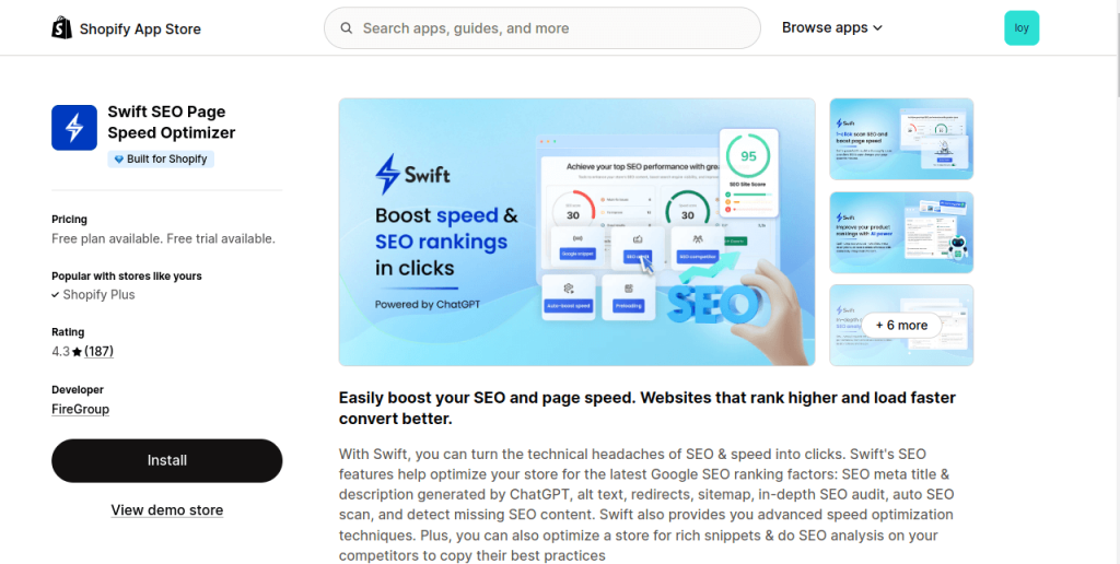 Swiftseo shopify app store page