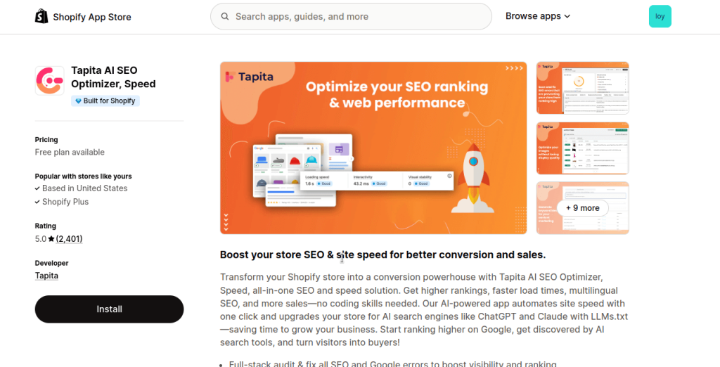 Tapita seo shopify app store page