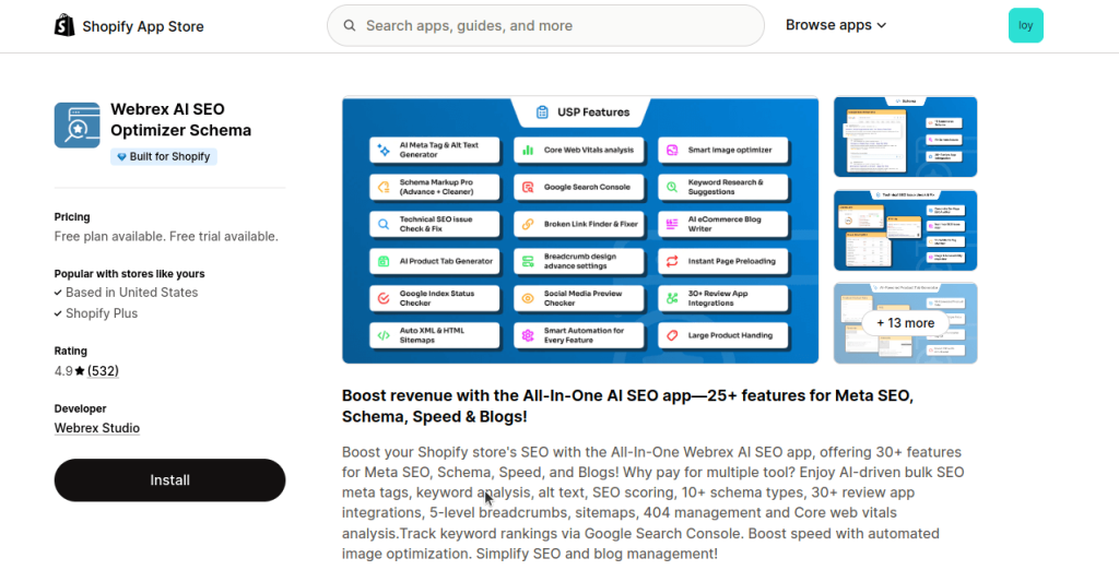 Webrex shopify store page