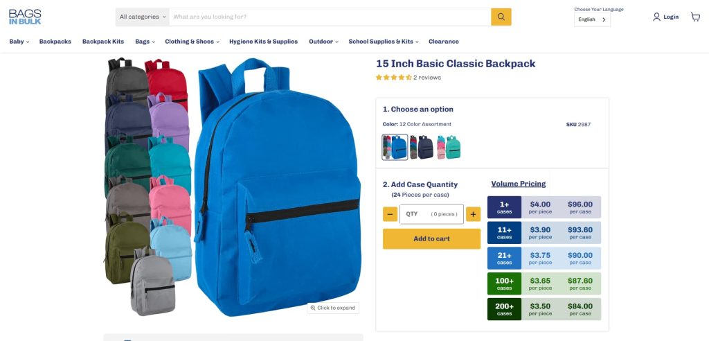 A product page of a classic backpack with quantity discounts for wholesaling