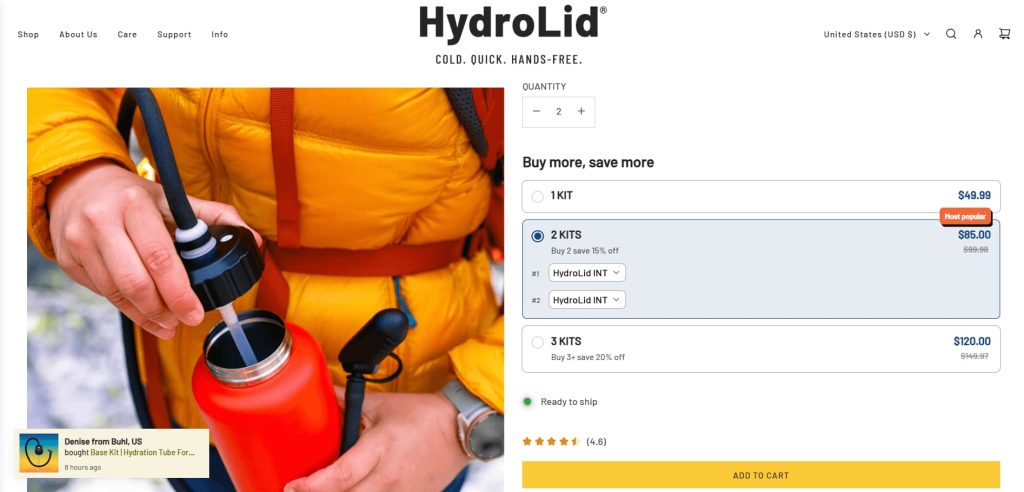 a product page of HydroLid with three tiers of quantity discount