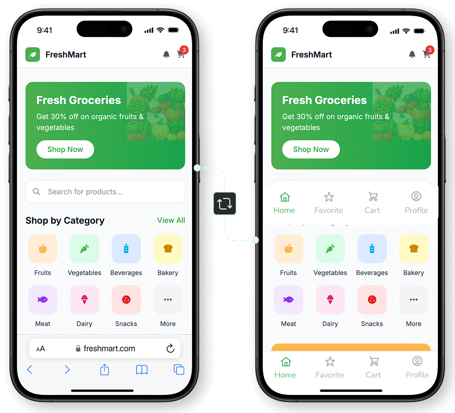 mobile website and mobile app side by side