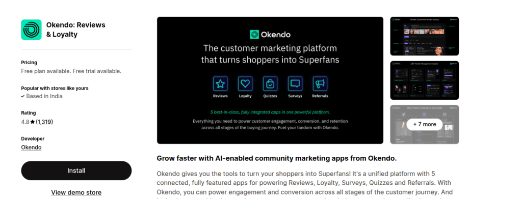 okendo shopify app store listing