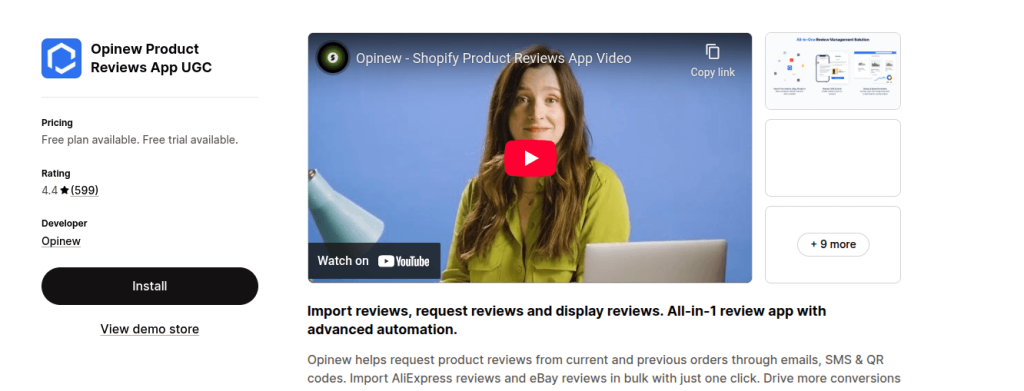 opinew shopify app store listing