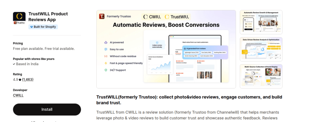 trustoo shopify app store listing