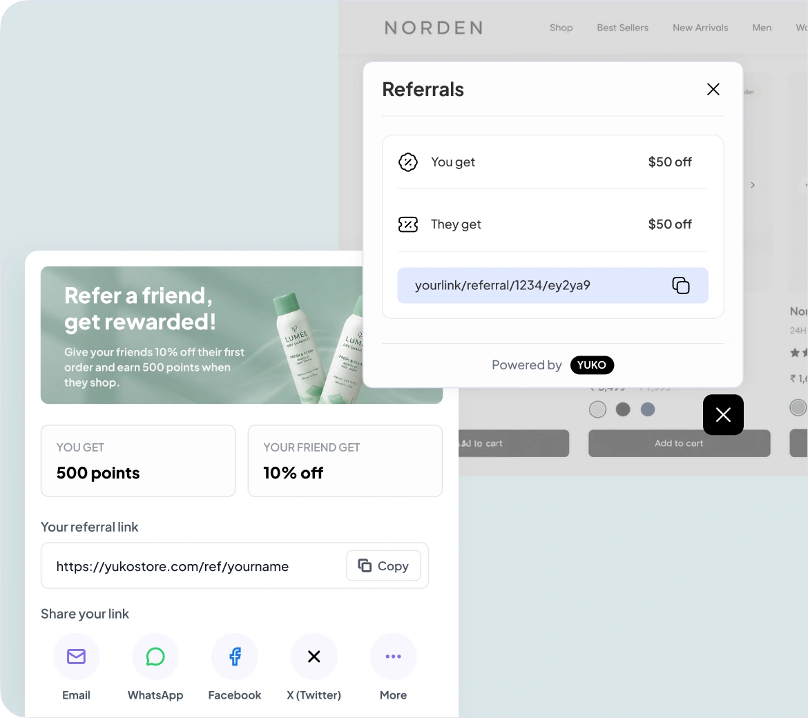 Yuko refer-a-friend widget on a Shopify storefront: both-sided reward, referral link and share options
